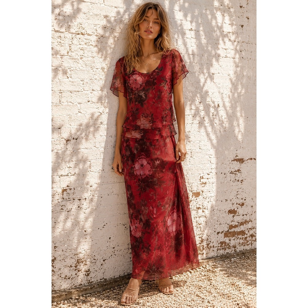 Vintage Karin Stevens Red Floral Chiffon Tiered Maxi Dress Size 14 Romantic
